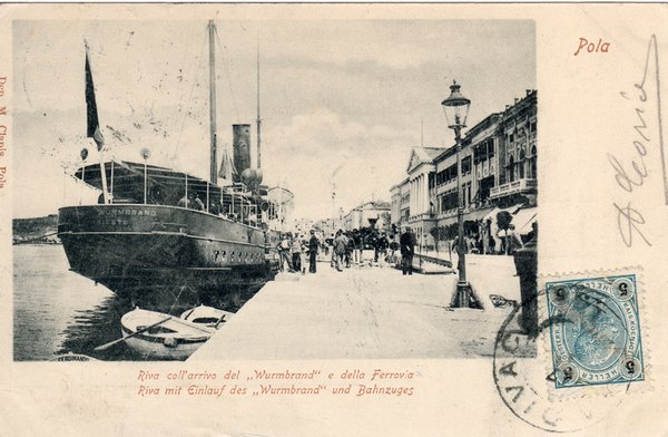 Riva coll'arrivo del "Wurmbrand" e della Ferrovia = Riva mit Einlauf des "Wurmbrand" und Bahnzuges