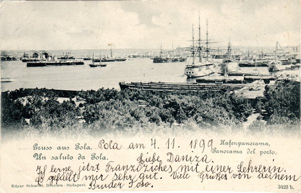 Gruss aus Pola : Hafenpanorama = Un saluto da Pola : panorama del porto